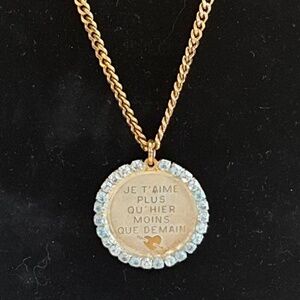 TOVA - Crystal Encircled Pendant Necklace, Lt. Blue Patina Wash, Gold Tone Chain